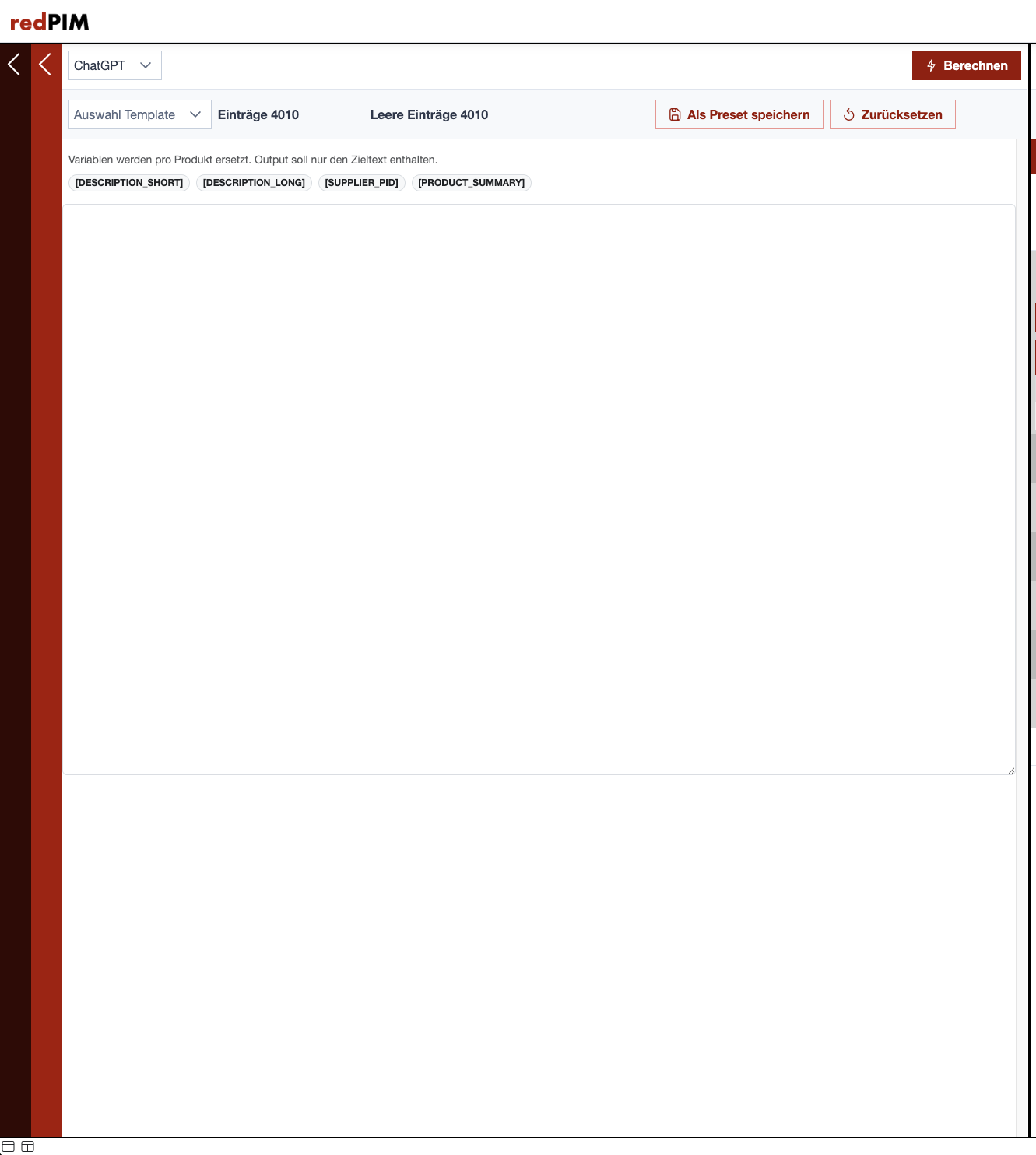redPIM KI-Funktion: ChatGPT mit Templates und Variablen, anwendbar auf tausende Produkte gleichzeitig.